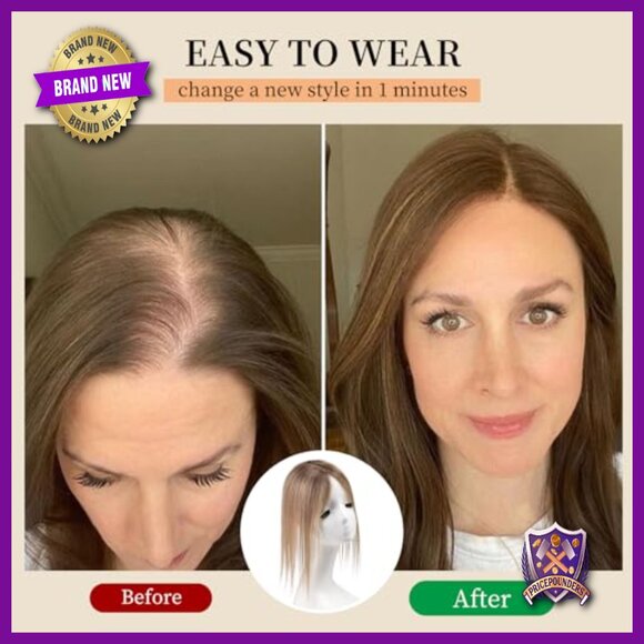 Real Human Hair Topper with Bangs, Handcrafted Breathable Base, Adds Volume